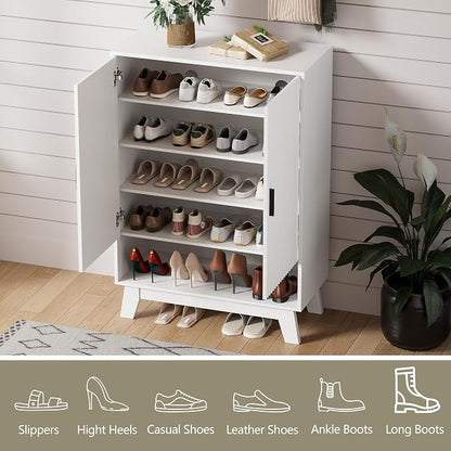 Shoe Cabinet Storage for Entryway with Doors, 5 Tier Fluted Shoe Organizer with Adjustable Shelves, Entryway Shoe Storage with Wooden Legs, Freestanding Hidden Shoe Rack for Front Door Entrance, White