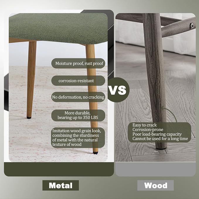 FREKEN Modern Upholstered Dining Chairs Set of 2, Mid-Century Metal Frame with Wood Grain, Linen Fabric Side Chair for Kitchen Dining Room, 350lbs Capacity, Green