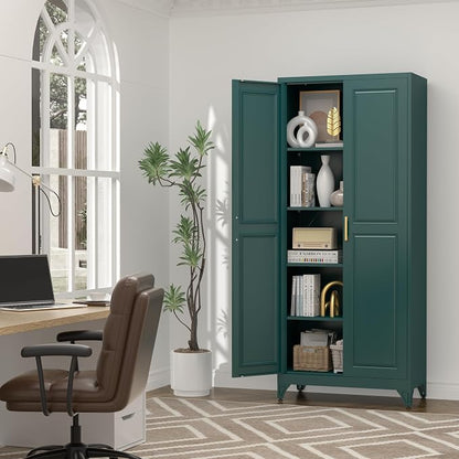 UNICOLY 75" Kitchen Pantry Cabinet, Tall Storage Cabinet with Doors and 4 Shelves, Metal Storage Cabinets for Kitchens, Living Room, Dinning Room, Assembly Required, Green