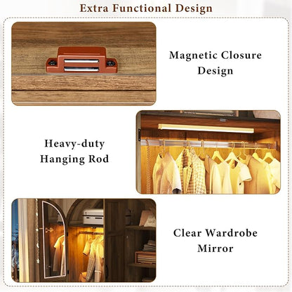 Squireewo 3 Doors Armoire Wardrobe Closet with Mirror and Lights, 71" Farmhouse Arched Wooden Wardrobe Cabinet with 2 Drawers,Hanging Rod, Clothing Storage Closet Cabinet for Bedroom,Light Rustic Oak