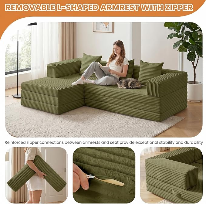 79" Modular Sectional Sofa, Boneless Convertible Sleeper Sofa Bed, Modern Tri-Folding Cloud Couch with L-Shape Chaise, Corduroy Futon for Living Room Small Spaces Apartment, No Assembly,Green