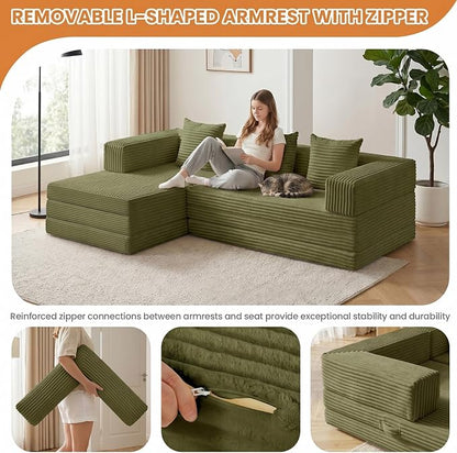 79" Modular Sectional Sofa, Boneless Convertible Sleeper Sofa Bed, Modern Tri-Folding Cloud Couch with L-Shape Chaise, Corduroy Futon for Living Room Small Spaces Apartment, No Assembly,Green