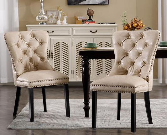 EALSON Modern Dining Chairs Set of 2 Mid Century Leather Dining Room Chairs with Wood Legs Tufted Upholstered Kitchen Side Chairs with Nail Head Trim for Dining Room/Living Room, Beige with Ring