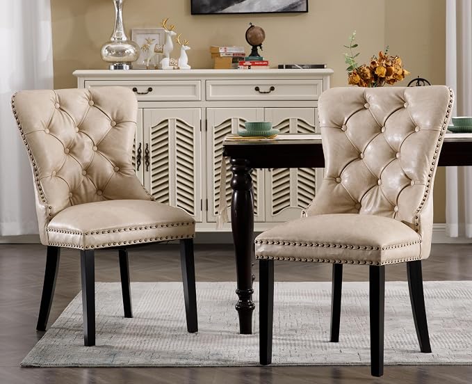 EALSON Mid Century Dining Chairs Set of 4 Modern Leather Dining Room Chairs with Wood Legs Tufted Upholstered Kitchen Side Chairs with Nail Head Trim for Dining Room/Living Room, Beige with Ring