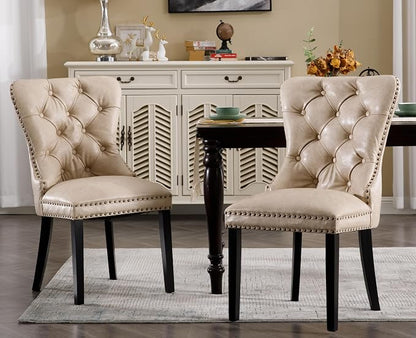 EALSON Modern Dining Chairs Set of 6 Mid Century Leather Dining Room Chairs with Wood Legs Tufted Upholstered Kitchen Side Chairs with Nail Head Trim for Dining Room/Living Room, Beige with Ring