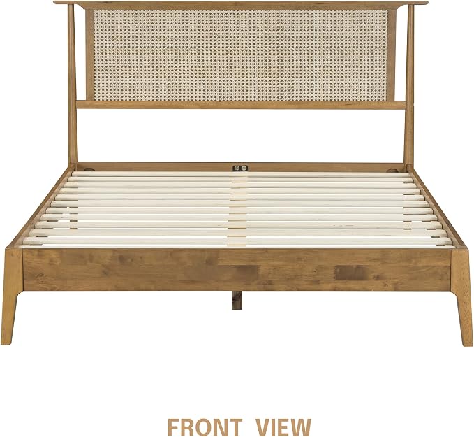 NTC Ruby Wooden Bed Frame with Headboard and Natural Rattan, Solid Oak/Rubber Wood Foundation with Silent Slats, 1000 Lb Capacity, Effortless Assembly Queen - Teak Look