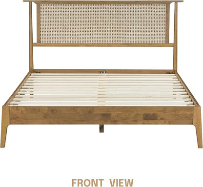 NTC Ruby Wooden Bed Frame with Headboard and Natural Rattan, Solid Oak/Rubber Wood Foundation with Silent Slats, 1000 Lb Capacity, Effortless Assembly Queen - Teak Look