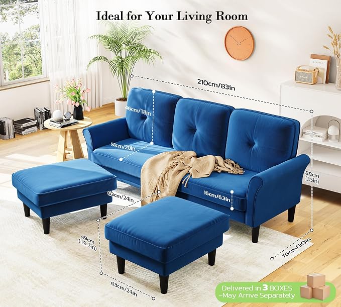 Kidirect Small Sectional Couch, 83" U Shaped Couch, Comfy Velvet Couches for Living Room, Tool-Free Setup Modular Sectional Sofa, 850lbs Load Sofas for Living Room with 2 Movable Ottomans, Blue Couch