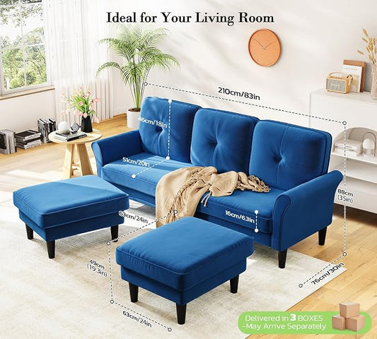 Kidirect Small Sectional Couch, 83" U Shaped Couch, Comfy Velvet Couches for Living Room, Tool-Free Setup Modular Sectional Sofa, 850lbs Load Sofas for Living Room with 2 Movable Ottomans, Blue Couch