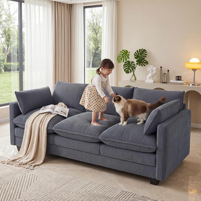 Gizoon 3 Seater Couches for Living Room, Cloud Sleeper Sofa with Double Cushion Corduroy Deep Seat Sofa Couches with 2 Pillows for Living Room Bedroom and Apartment,Pet-Friendly Fabric, Grey