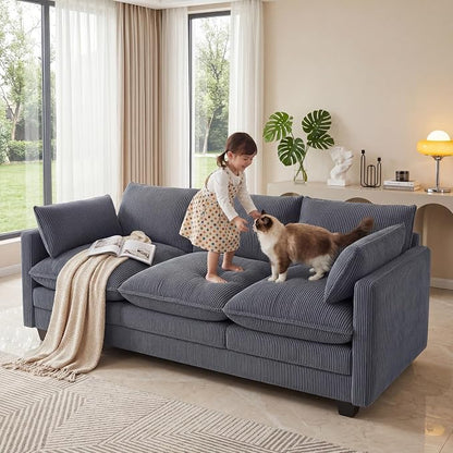 Gizoon 3 Seater Couches for Living Room, Cloud Sleeper Sofa with Double Cushion Corduroy Deep Seat Sofa Couches with 2 Pillows for Living Room Bedroom and Apartment,Pet-Friendly Fabric, Grey