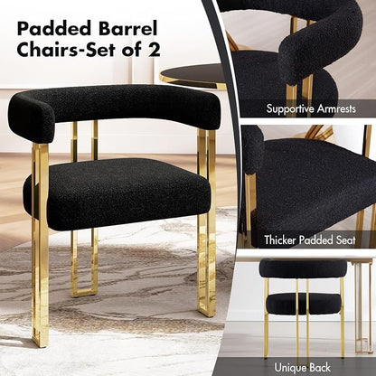 Hyfirm Set of 2 Modern Black Boucle Dining Chairs with Gold Metal Legs, Mid Century Accent Upholstered Barrel Armchairs with Open-Back for Kitchen, Dining Room, Living Room, Apartment