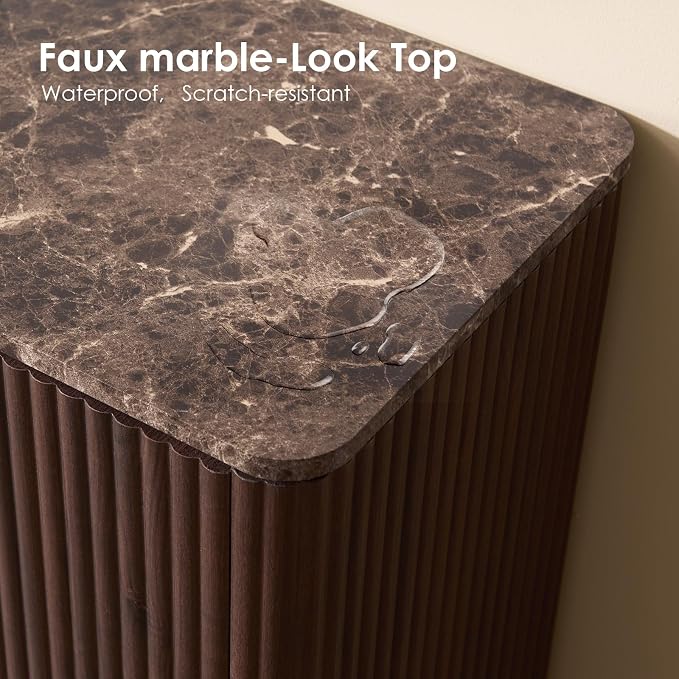 Fluted Nightstand with Faux Marble Top, Modern Bedside Table | FSC-Certified Engineered Wood, 25" H, 3 Drawers, Rounded Corner, Metal Handle, for Bedroom, Dark Oak