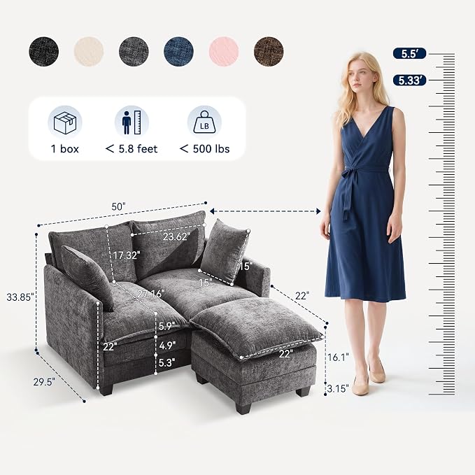 L-Shape Loveseat Sofa Couch with Ottoman, Small 50" Love Seat 27" Deep Cloud Sofa Washable Chenille Pillow for Apartment Bedroom Dorm Attic Studio Office Living Room Small Space 8833-GREY-L