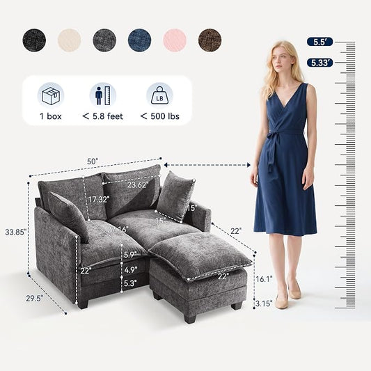 L-Shape Loveseat Sofa Couch with Ottoman, Small 50" Love Seat 27" Deep Cloud Sofa Washable Chenille Pillow for Apartment Bedroom Dorm Attic Studio Office Living Room Small Space 8833-GREY-L