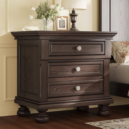 AMERLIFE Solid Wood 3 Piece Bedroom Set Including 65.2" High King Bed Frame, Fully Assembled Nightstands Set of 2 with 2 Storage Drawers for Bedroom, Dark Brown