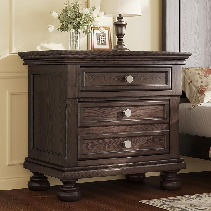 AMERLIFE Solid Wood 3 Piece Bedroom Set Including 65.2" High Queen Bed Frame, Fully Assembled Nightstands Set of 2 with 2 Storage Drawers for Bedroom, Dark Brown