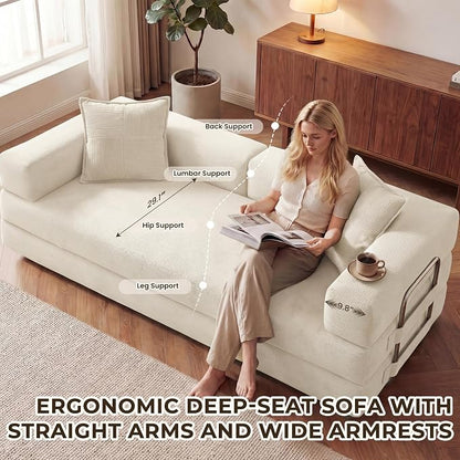 GRUSIGN 78 Inch Convertible Sofa Bed, 5-in-1 Futon Sofa Bed Pull Out Couch, Boneless Couch Bed for Living Room, Corduroy Boneless Couches for Bedroom, Apartment, No Assembly Sleeper Sofa Bed, Beige