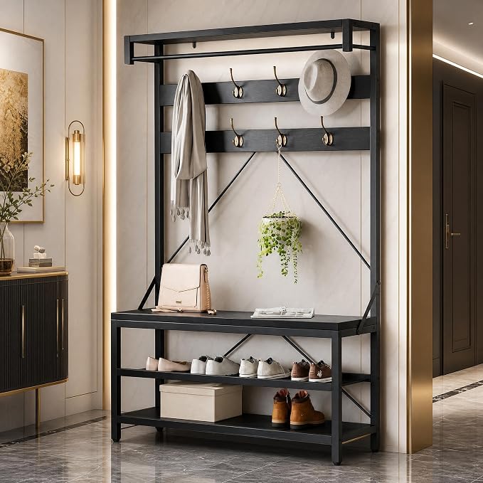 Hall Tree with Bench and Shoe Storage, Entryway Bench with Coat Rack, 3-in-1 Mudroom Organizer with 8 Hooks, Freestanding Industrial Storage Rack for Hallway, Black