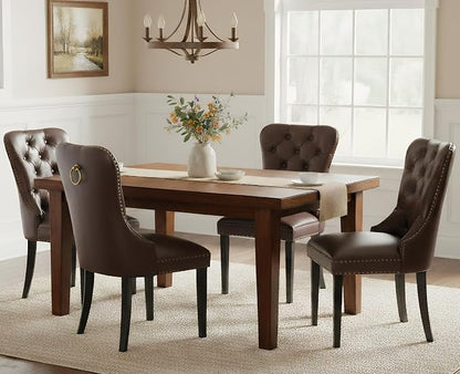 EALSON Modern Dining Chairs Set of 4 Mid Century Leather Dining Room Chairs with Wood Legs Tufted Upholstered Kitchen Side Chairs with Nail Head Trim for Dining Room/Living Room, Coffee with Ring