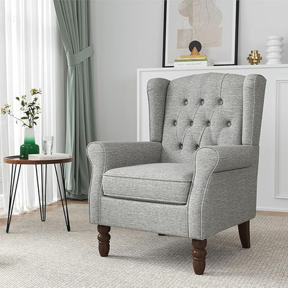 Wingback Accent Chairs Set of 2, High Back Arm Chair for Living Room, Button-Tufted Upholstered Fabric Armchair with Solid Wood Legs, Comfy Single Sofa Reading Chair for Bedroom, Light Gray