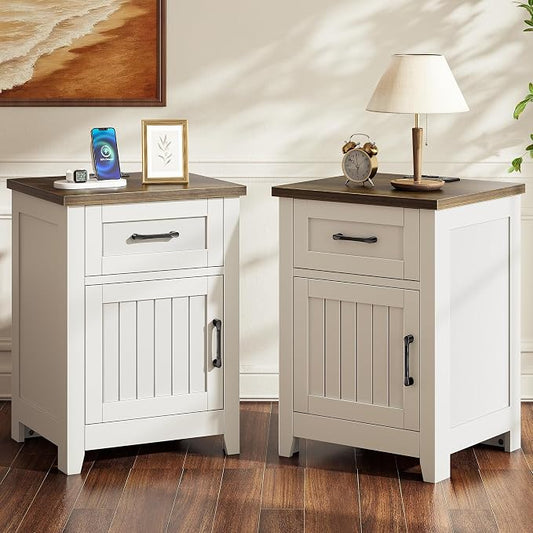 Decofy Farmhouse Nightstand with Charging Station, Set of 2 Modern End Tables with Large Storage and One Drawers, Outlets, USB Ports & Type-C Ports, Easy Assembly for Bedroom (Pure White + Walnut)