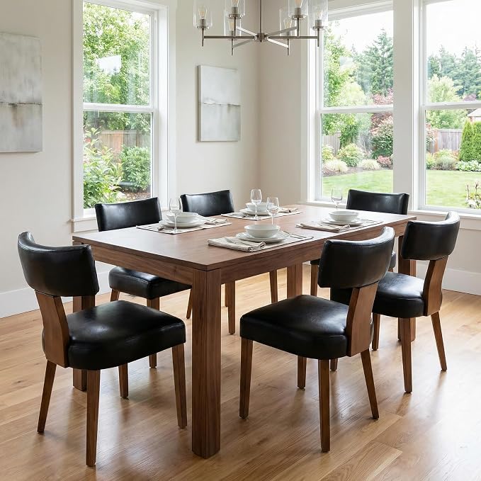 RIVOVA Mid Century Modern Dining Chairs Set of 6 PU Leather Upholstered Side Chairs, Modern Kitchen Armless Parson Chairs Solid Wood Dining Chairs, Black