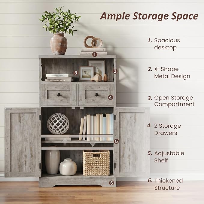 Befrases Farmhouse Storage Cabinet with Drawers and Adjustable Shelves, Freestanding Kitchen Pantry Storage Cabinet, Floor Storage Cupboard for Dining Living Room Home Office, Washed Grey