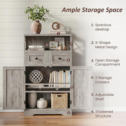 Befrases Farmhouse Storage Cabinet with Drawers and Adjustable Shelves, Freestanding Kitchen Pantry Storage Cabinet, Floor Storage Cupboard for Dining Living Room Home Office, Washed Grey