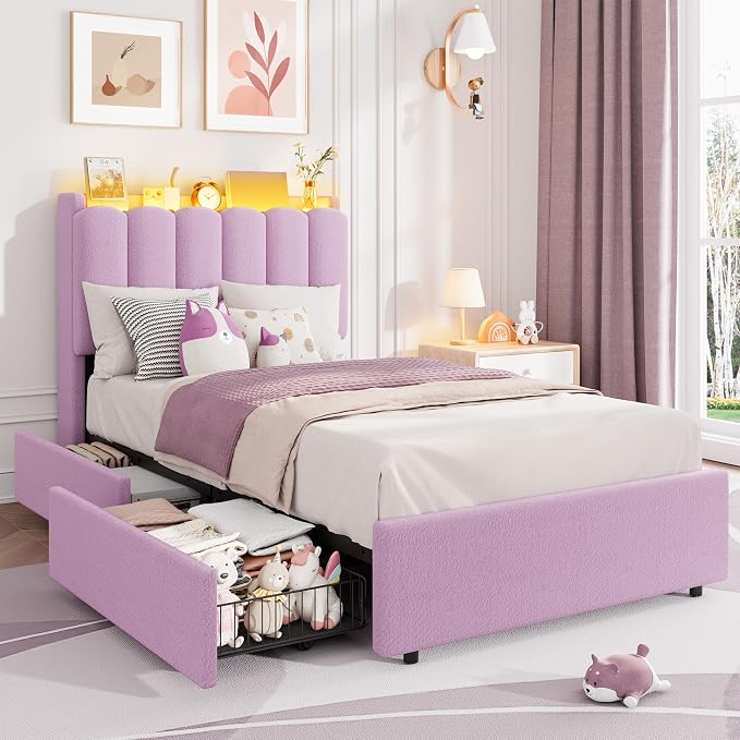 Garvee LED Twin XL Bed Frame with Storage Headboard, Kids Bed Frame with 2 Drawers, Boucle Upholstered Platform Bed for Girls, Chic Wavy Headboard with Bookcase, No Box Spring Needed, Purple
