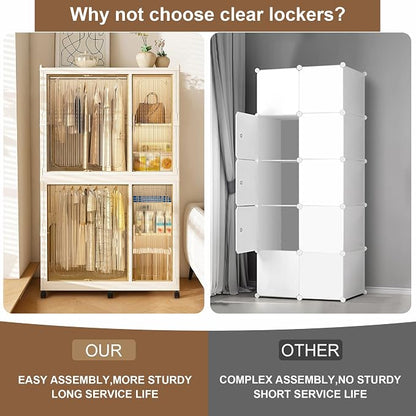 Portable Wardrobe Closet Organizer, Large Kids Wardrobe Closet with Magnetic Doors and Wheels, Collapsible Plastic Baby Clothes Storage Cabinet, 4 Cubes and 2 Wardrobes (17.7"D x 36.2"W x 62.2"H)