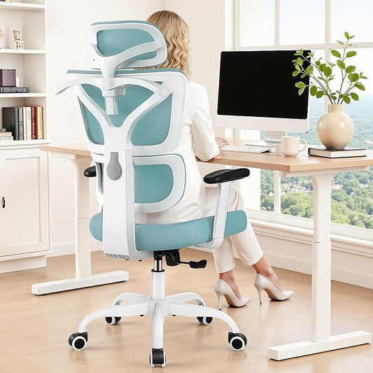 Ergonomic Office Chair High Back Desk Chair with Lumbar Support, Breathable Mesh Computer Chair with Adjustable Armrests Height, Reclining Swivel Big and Tall Gaming Chair for Home Office(Light Blue)