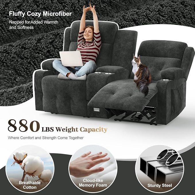 Fabric Reclining Loveseat, Massage Loveseat Recliner Sofa Heavy Weight Capacity, RV Love Seat Chair Clearance with Console, USB, Type C Port, Storage, Cup Holders, Wall Hugger Couch for Living Room