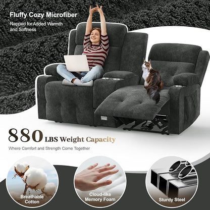 Fabric Reclining Loveseat, Massage Loveseat Recliner Sofa Heavy Weight Capacity, RV Love Seat Chair Clearance with Console, USB, Type C Port, Storage, Cup Holders, Wall Hugger Couch for Living Room