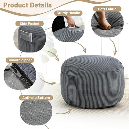 Round Stuffed Pouf Ottoman,Corduroy Foot Rest with Rebound Foam Filled, Furry and Fluffy Foot Stool Ottoman, Floor Poufs for Living Room (Gray, 20" D x 20" W x 15" H)
