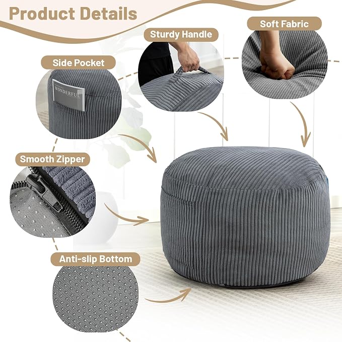 Round Stuffed Pouf Ottoman,Corduroy Foot Rest with Rebound Foam Filled, Furry and Fluffy Foot Stool Ottoman, Floor Poufs for Living Room (Gray, 26" D x 26" W x 18" H)