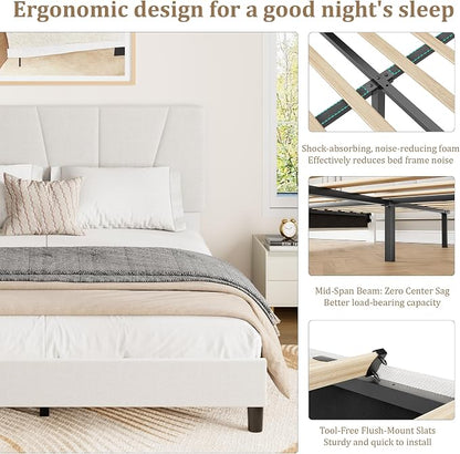 GarveeHome Queen Size Bed Frame with Upholstered Headboard, Modern Fabric Platform Bed Frame with Wooden Slat Support, Adjustable Headboard, No Box Spring Needed, Noise-Free, for Bedroom