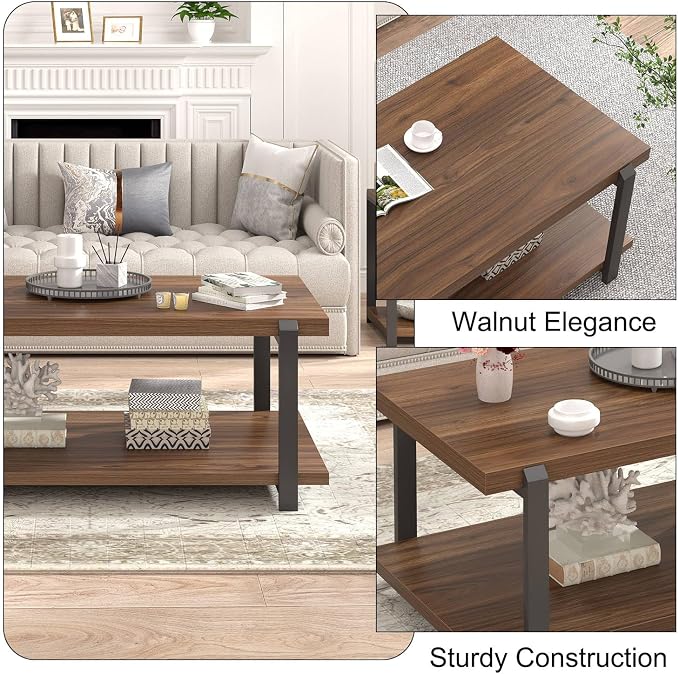 FOLUBAN Modern Coffee Table with Storage Shelf, Rustic Wood Center Table for Living Room, Walnut