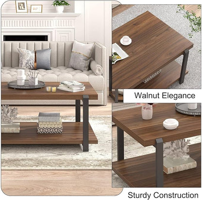 FOLUBAN Modern Coffee Table with Storage Shelf, Rustic Wood Center Table for Living Room, Walnut