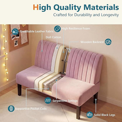 STHOUYN Mini Small Comfy Couch Armless Loveseat Sofa for Bedroom with USB Port, Velvet Couches for Small Spaces Living Room, Apartment Office Dorm (Pink)