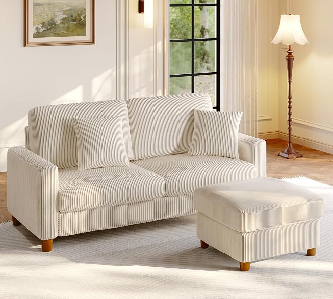 Welzona 70.2" Couches for Living Room, Comfy L Shaped Couch Beige 7.1" Thicker Cushion, Sofas for Living Room Tool-Free Setup, Loveseat with Ottoman 705lbs Support, Corduroy Couch for Bedroom, Office