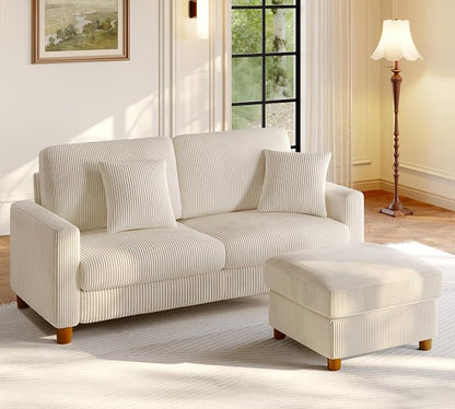 Welzona 70.2" Couches for Living Room, Comfy L Shaped Couch Beige 7.1" Thicker Cushion, Sofas for Living Room Tool-Free Setup, Loveseat with Ottoman 705lbs Support, Corduroy Couch for Bedroom, Office