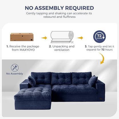 MAXYOYO 96" L Shaped Modular Sectional Sofa with Ottoman, Cloud Boneless Couch with Layered Cushion, Upholstered Flexible Module Combination Sofa for Living Room, No Assembly, Navy