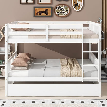 Harper & Bright Designs Convertible Wood Full-Over-Full Bunk Bed with Trundle and Ladder - Can Be Divided Into Two Platform Beds, White