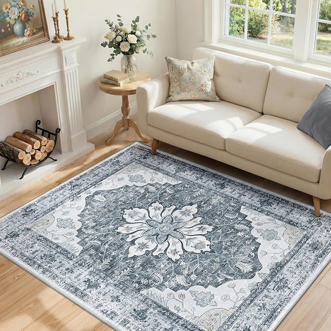 RELEANY Area Rugs 4'x5' Washable Non-Slip, Floral Vintage Distress Medallion Carpet for Living Room Bedroom Dining Room, Light Gray Grey White