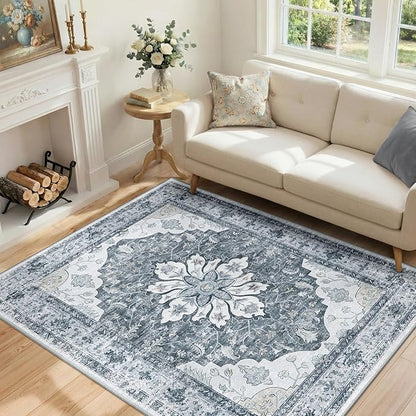 RELEANY Area Rugs 4'x6' Washable Non-Slip, Floral Vintage Distress Medallion Carpet for Living Room Bedroom Dining Room, Light Gray Grey White