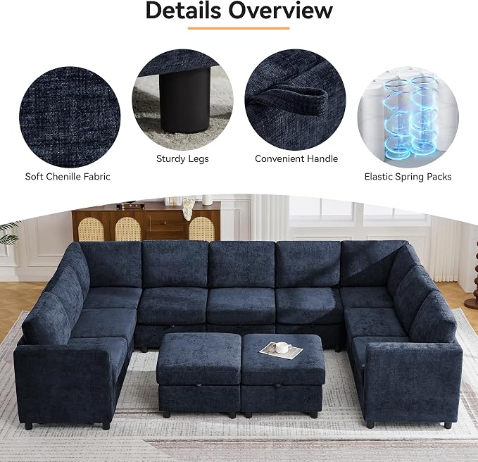 127'' Oversized U Shaped Modular Sofa, Sectional Couches with Storage for Living Room, Modern 9 Seater Cloud Sectional Couch with Movable Ottoman, Chenille Navy