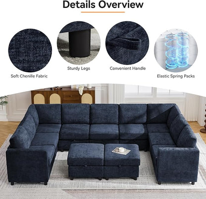 127'' Oversized U Shaped Modular Sofa, Sectional Couches with Storage for Living Room, Modern 9 Seater Cloud Sectional Couch with Movable Ottoman, Chenille Navy