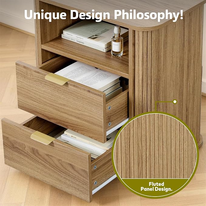 3-Piece Bedroom Furniture Set, Modern Fluted 6 Drawer Dresser & 2-Drawer Nightstands,Mid-Century Wood Storage Cabinet Set n for Bedroom, Hallway (Walnut)