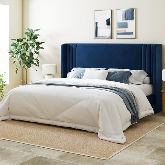 Allewie King Size Velvet Platform Bed Frame with Vertical Tufted Wingback Headboard, Easy Assembly, Under Bed Storage, No Box Spring Required, Modern Style, Blue